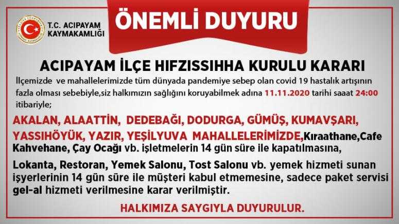 ACIPAYAM MAHALLELERİNDE KAHVEHANELER KAPATILDI